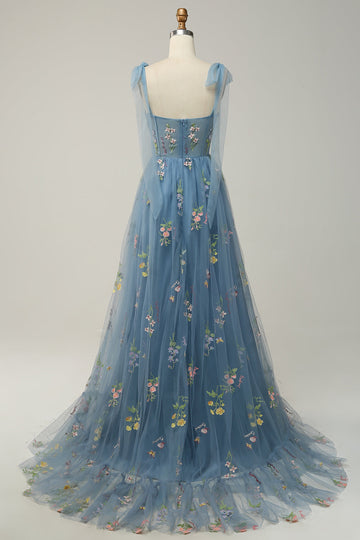 A-line Embroidery Grey Blue Corset Tulle Long Prom Dress